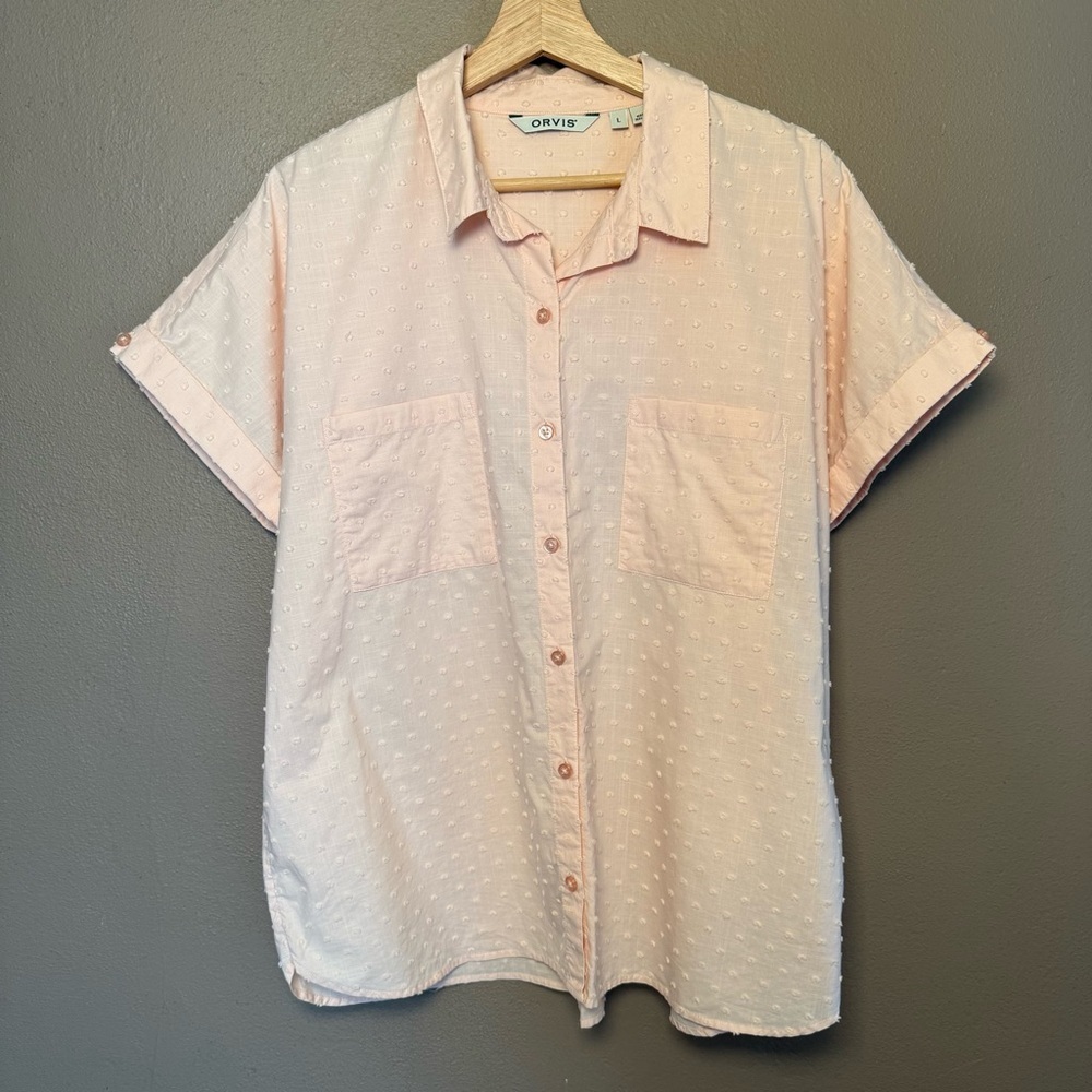 Orvis Women's Swiss Dot Short Sleeve Button Up Boho Casual Blouse Size Large